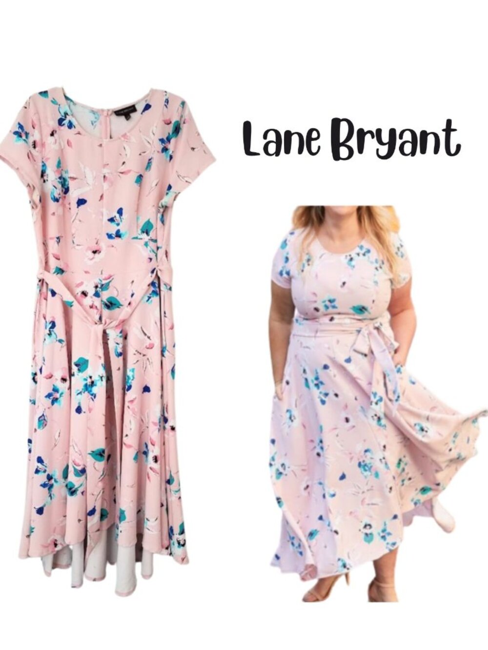 LANE BRYANT Pastel Pink & Blue Floral Maxi Dress With Belt - Women's 16